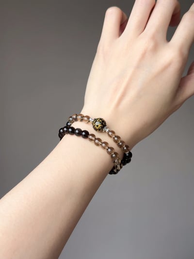 【絕對防禦】 Rosa.G 墨漆曜影｜銀曜石全淨體茶晶螺鈿大漆珠 手鍊6