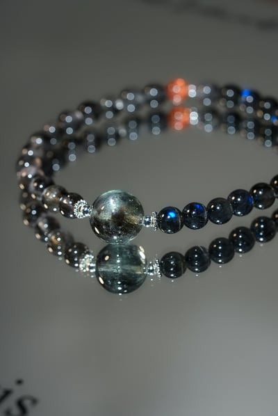 【暗夜覺醒．能量突圍】 Rosa.G 星空魔鬼海藍寶 x 黑羽毛極光 x 黑拉長石 x 金太陽石設計手鍊11