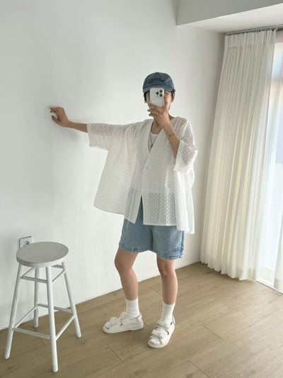 V領單釦鏤空衫 Mi515023