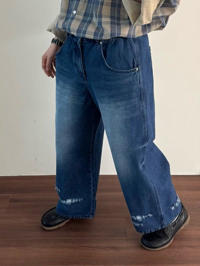 水洗磨白微刷破牛仔褲 206123