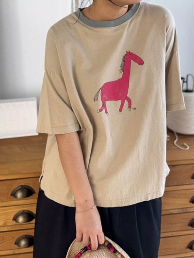 配色領圖繪上衣 260309056