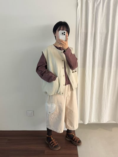 抓褶口袋圓領背心 206017