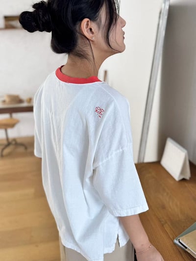 配色領圖繪上衣 260309057