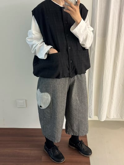 抓褶口袋圓領背心 206014