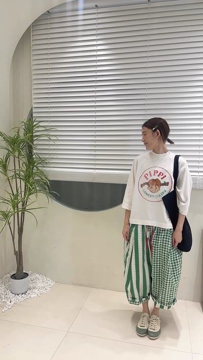 拼接格子條紋休閒褲 26306172