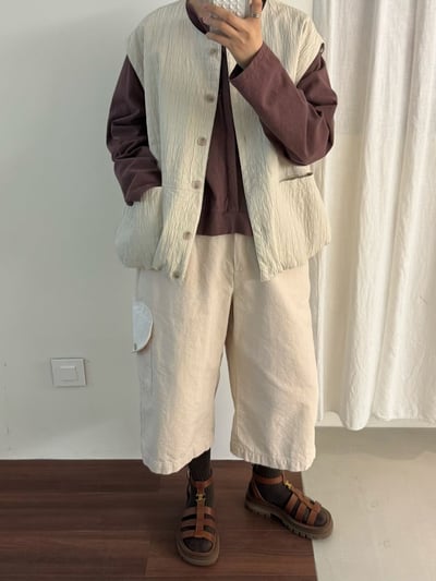 抓褶口袋圓領背心 206018