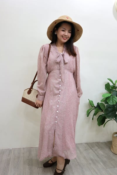 立體小花鈕扣綁帶碎花洋裝2