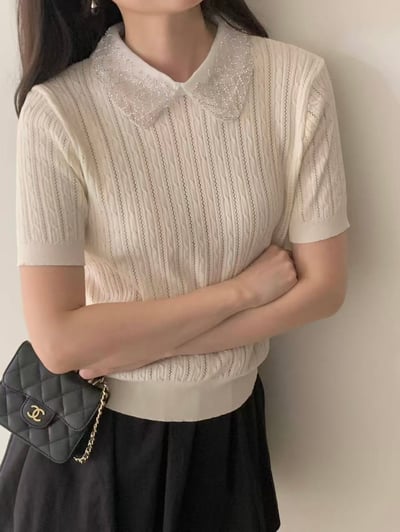 銀珠刺繡領片針織上衣4