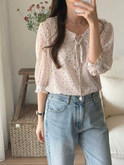 細緻碎花綁帶雪紡上衣2