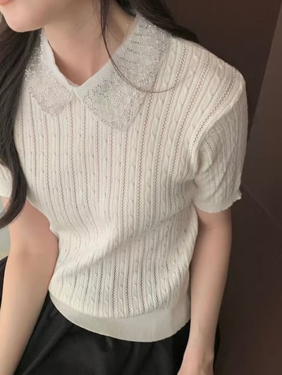 銀珠刺繡領片針織上衣2