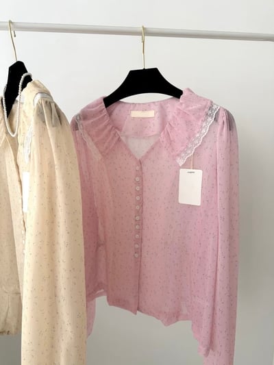 碎花蕾絲大翻領雪紡上衣6