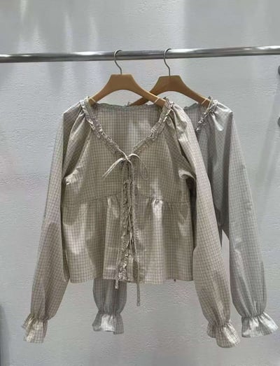 細格紋荷葉綁帶上衣8