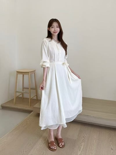 氣質壓紋雪紡綁帶長洋裝1