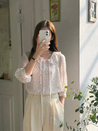 細緻碎花綁帶雪紡上衣6