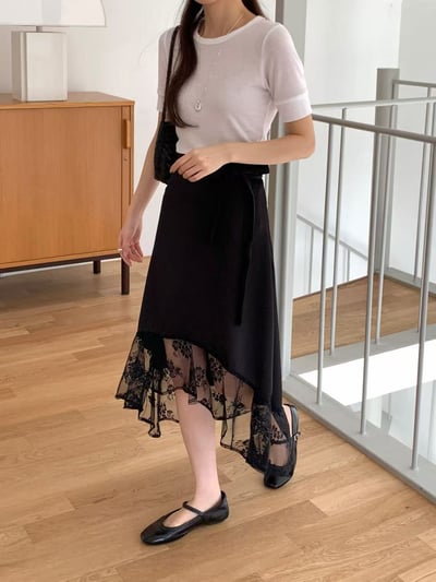 側綁帶蕾絲拼接不對稱長裙8