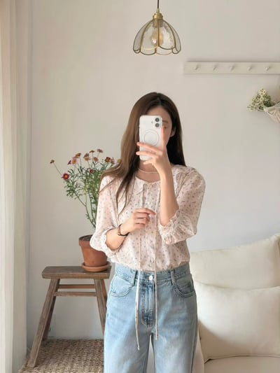 細緻碎花綁帶雪紡上衣3