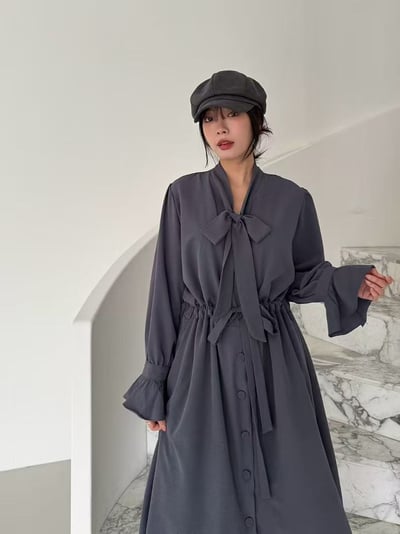 柔霧綁結蝴蝶領長洋裝8