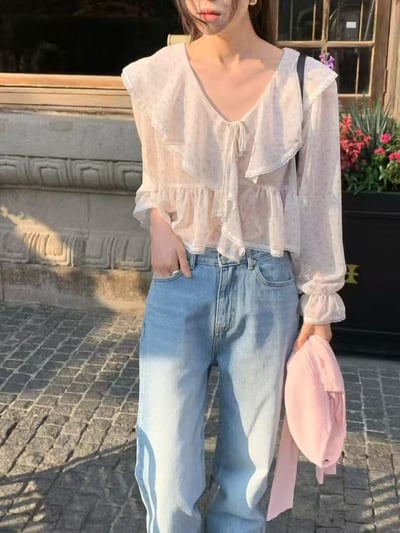 法式大翻領綁帶雪紡上衣8