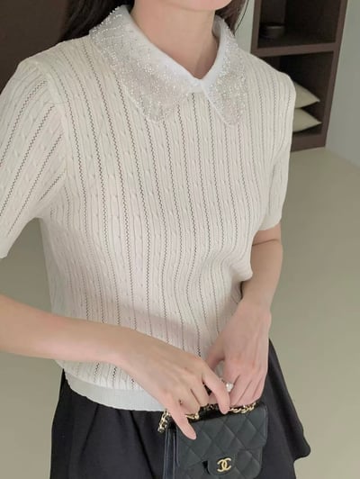 銀珠刺繡領片針織上衣7