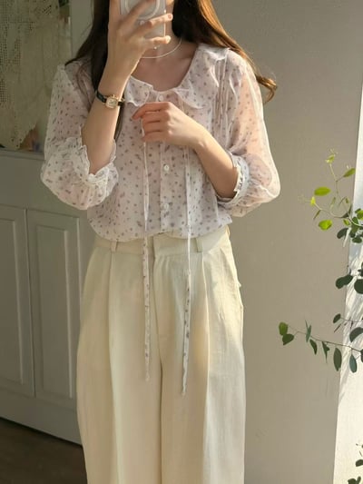 細緻碎花綁帶雪紡上衣5