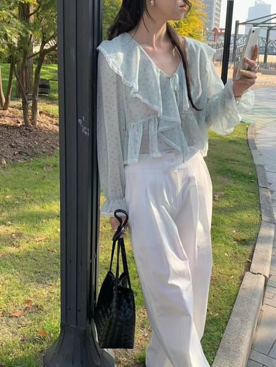 法式大翻領綁帶雪紡上衣2