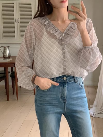 格紋荷葉領雪紡上衣6