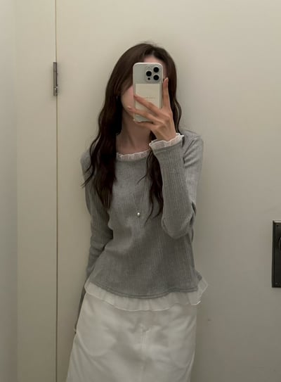 拼紗荷葉滾邊坑條修身上衣3