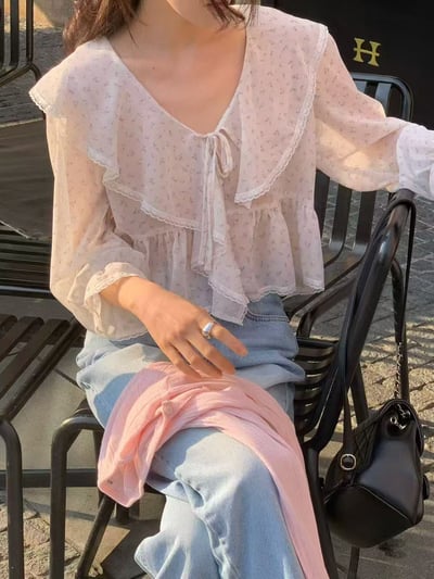 法式大翻領綁帶雪紡上衣6