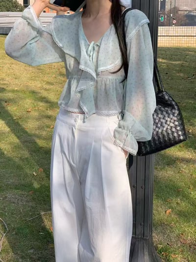 法式大翻領綁帶雪紡上衣3