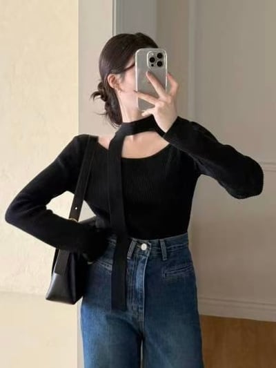 斜肩垂帶針織上衣4