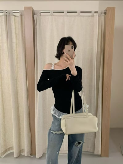 【客人許願】蕾絲斜肩拼紗修身上衣4