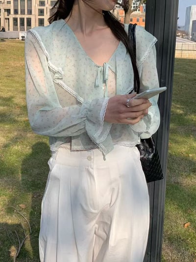 法式大翻領綁帶雪紡上衣4