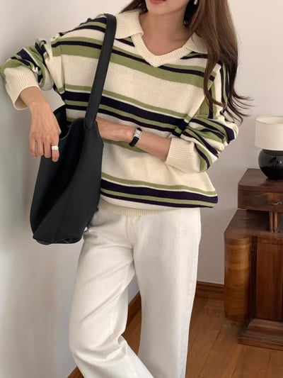 撞色橫條翻領毛衣4