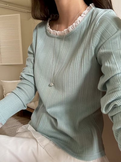 拼紗荷葉滾邊坑條修身上衣2