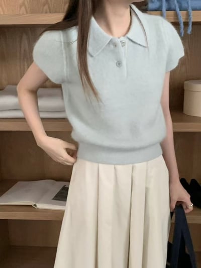 小翻領短袖針織上衣8