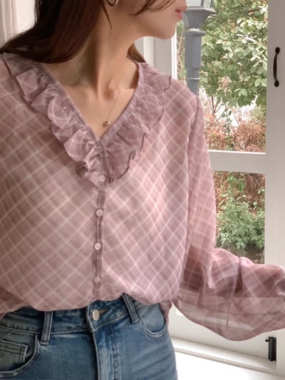 格紋荷葉領雪紡上衣4