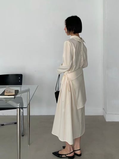 簡約斜裁腰綁帶長洋裝9