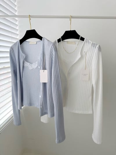 假兩件蕾絲背心針織外套組1