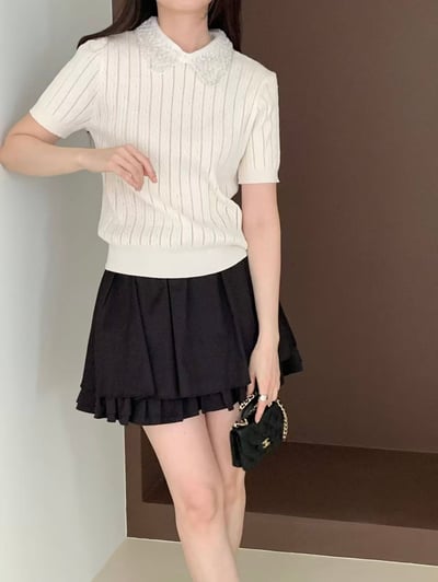 銀珠刺繡領片針織上衣6