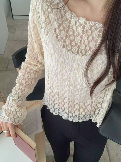 溫柔透膚花朵蕾絲短版上衣3