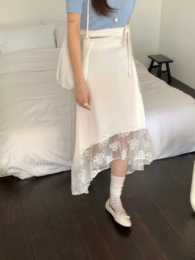 側綁帶蕾絲拼接不對稱長裙6