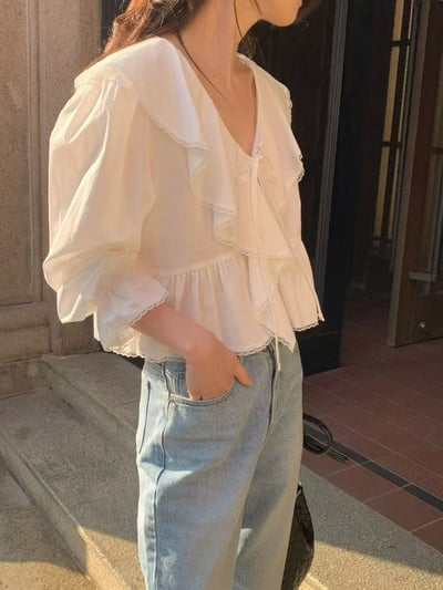 法式大翻領綁帶雪紡上衣13