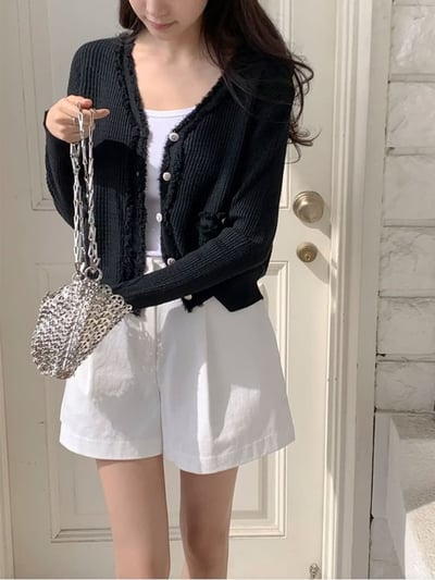 法式滾邊V領針織開襟衫5