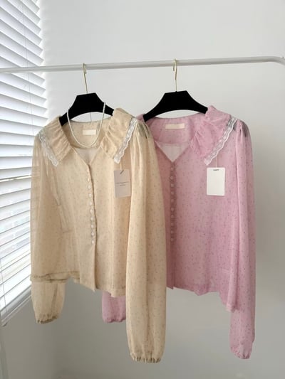 碎花蕾絲大翻領雪紡上衣1