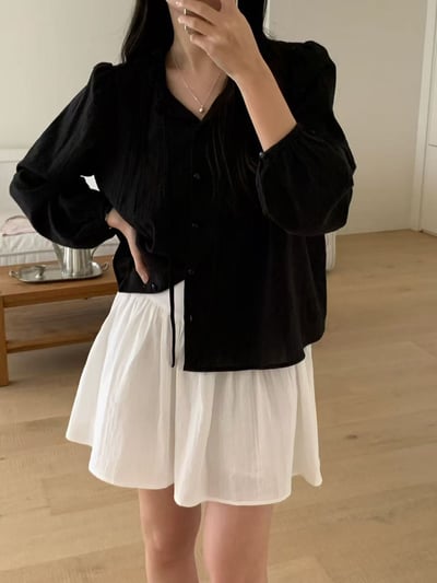 法式貓眼釦抓皺綁帶襯衫8