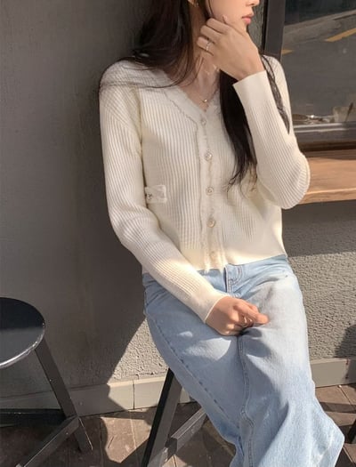 法式滾邊V領針織開襟衫2