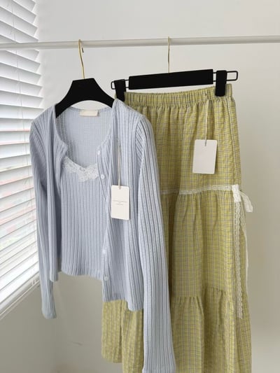 假兩件蕾絲背心針織外套組2