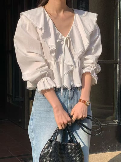 法式大翻領綁帶雪紡上衣10