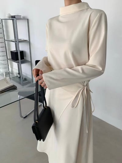 簡約斜裁腰綁帶長洋裝3