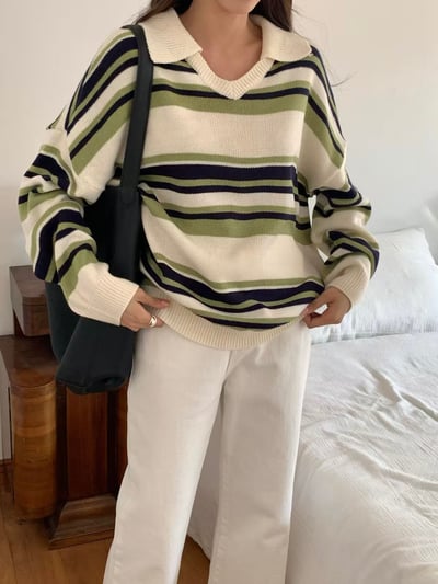 撞色橫條翻領毛衣6